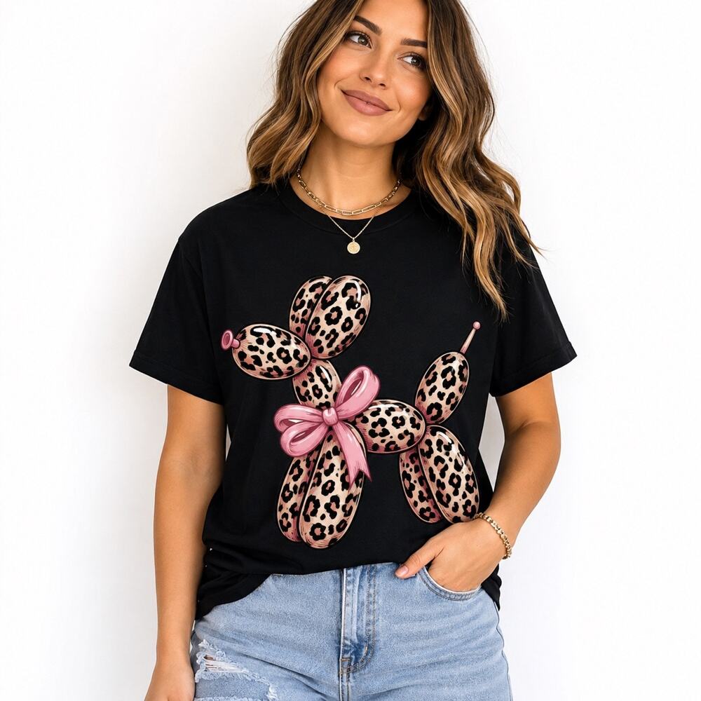 Leopard Balloon Dog Graphic Tee Black Pink Bow Short Sleeve Unisex Sz S NWOT